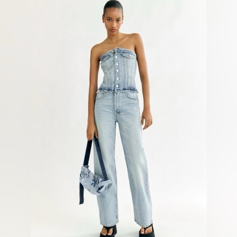 Zara Light Blue TRF Denim Strapless Jumpsuit Button Front Smocked Back Distress